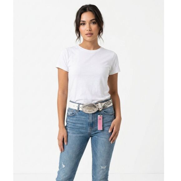 NWT Smet by Christian Audigier White Leather Belt with Rhinestone Buckle